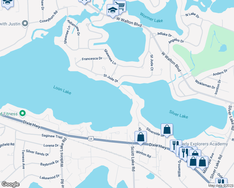 map of restaurants, bars, coffee shops, grocery stores, and more near 2939 Lola Court in Waterford Township