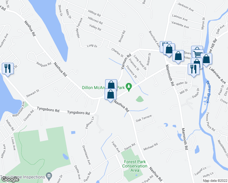 map of restaurants, bars, coffee shops, grocery stores, and more near 465 Nashua Road in Dracut