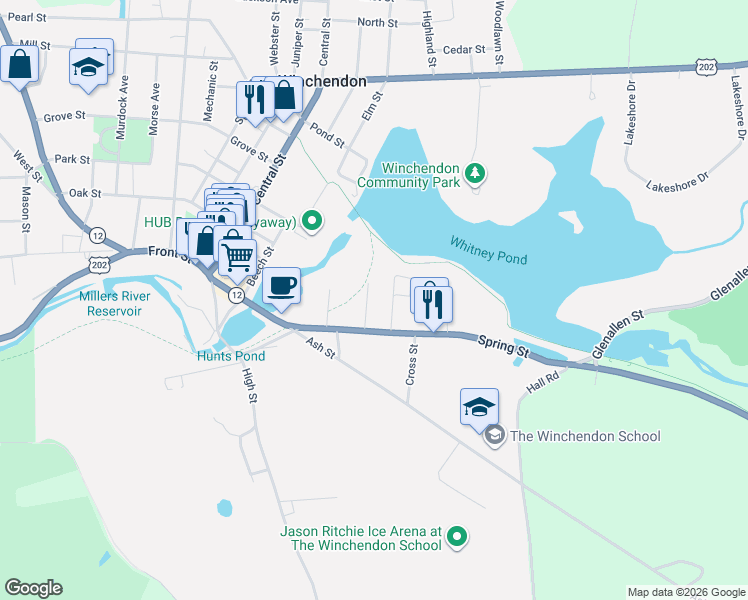 map of restaurants, bars, coffee shops, grocery stores, and more near 190 Spring Street in Winchendon