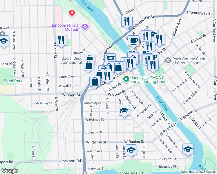 map of restaurants, bars, coffee shops, grocery stores, and more near 620 West Court Street in Janesville