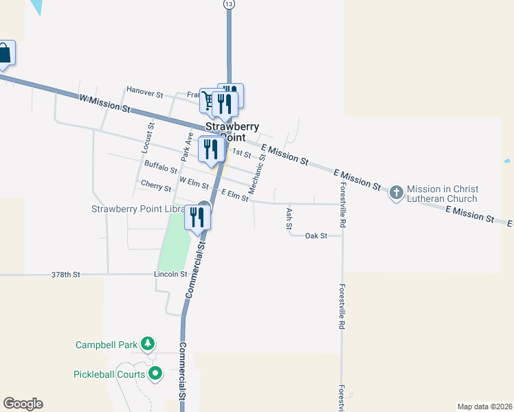 map of restaurants, bars, coffee shops, grocery stores, and more near 301-399 Prairie Ave in Strawberry Point