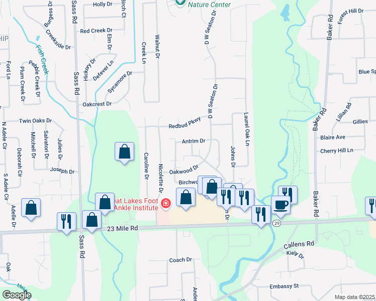 map of restaurants, bars, coffee shops, grocery stores, and more near 51363 Providence Drive in New Baltimore