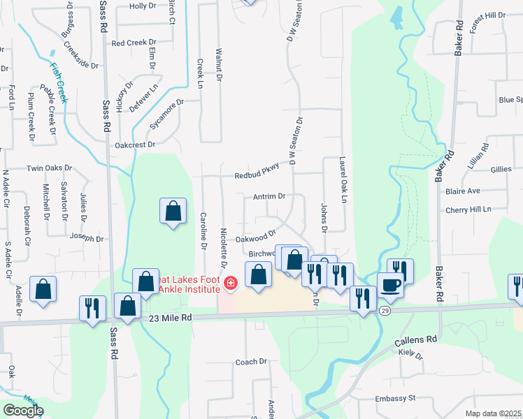 map of restaurants, bars, coffee shops, grocery stores, and more near 32910 Oakwood Drive in New Baltimore