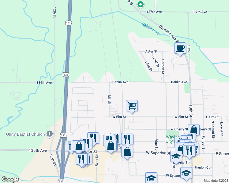 map of restaurants, bars, coffee shops, grocery stores, and more near 542 Mill Street in Wayland