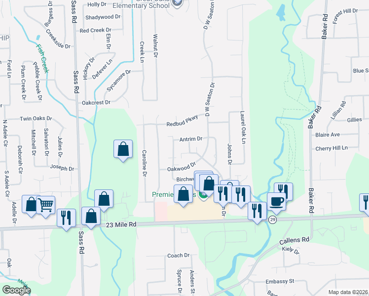 map of restaurants, bars, coffee shops, grocery stores, and more near 32910 Oakwood Drive in New Baltimore