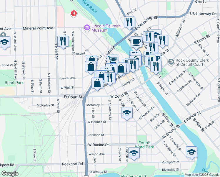 map of restaurants, bars, coffee shops, grocery stores, and more near 10 South High Street in Janesville