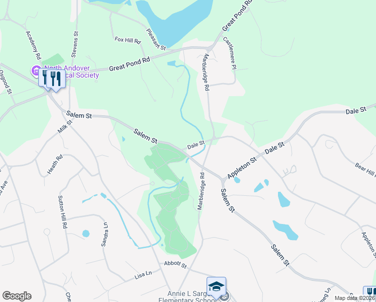 map of restaurants, bars, coffee shops, grocery stores, and more near 280 Salem Street in North Andover