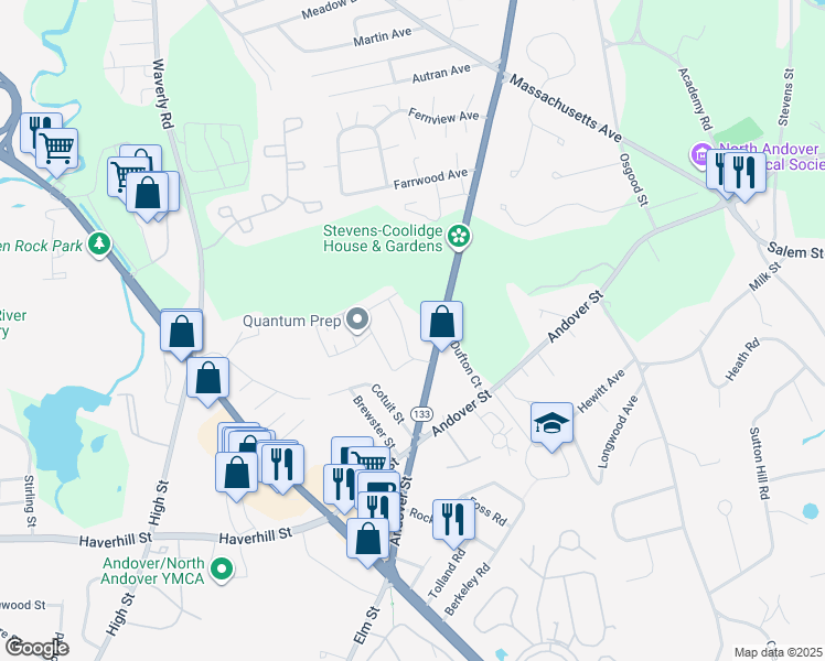 map of restaurants, bars, coffee shops, grocery stores, and more near 75 Jefferson Street in North Andover