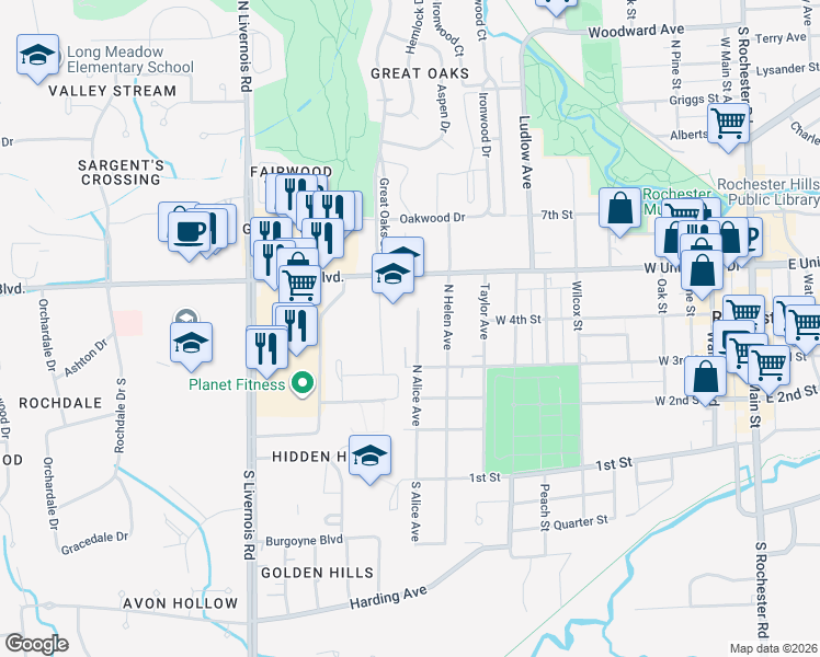 map of restaurants, bars, coffee shops, grocery stores, and more near 414 North Alice Avenue in Rochester