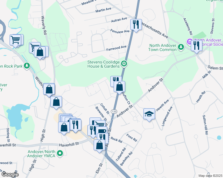 map of restaurants, bars, coffee shops, grocery stores, and more near 24 Leyden Street in North Andover