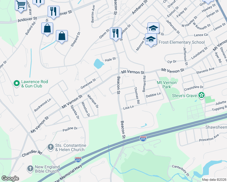 map of restaurants, bars, coffee shops, grocery stores, and more near 5 Wood Lane in Lawrence