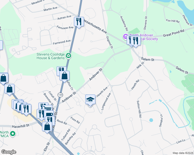 map of restaurants, bars, coffee shops, grocery stores, and more near 3 Chestnut Street in North Andover