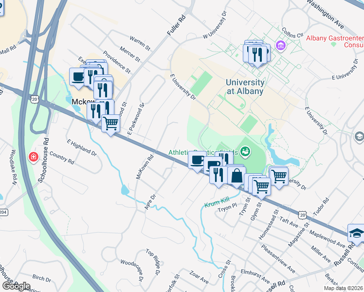 map of restaurants, bars, coffee shops, grocery stores, and more near 13 Waverly Place in Albany