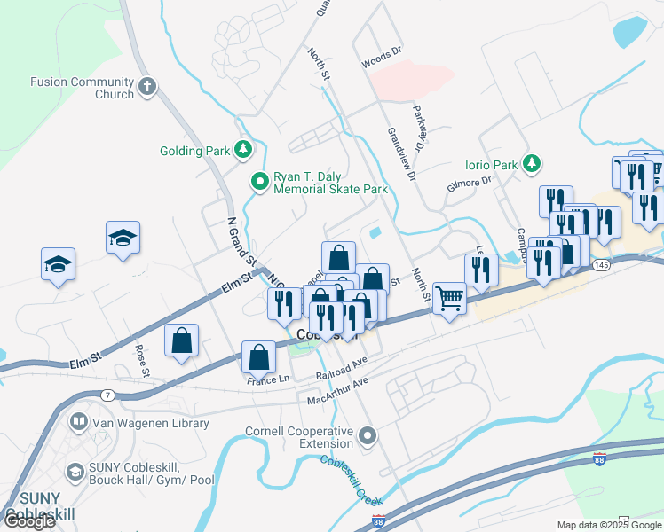 map of restaurants, bars, coffee shops, grocery stores, and more near 149 Union Street in Cobleskill