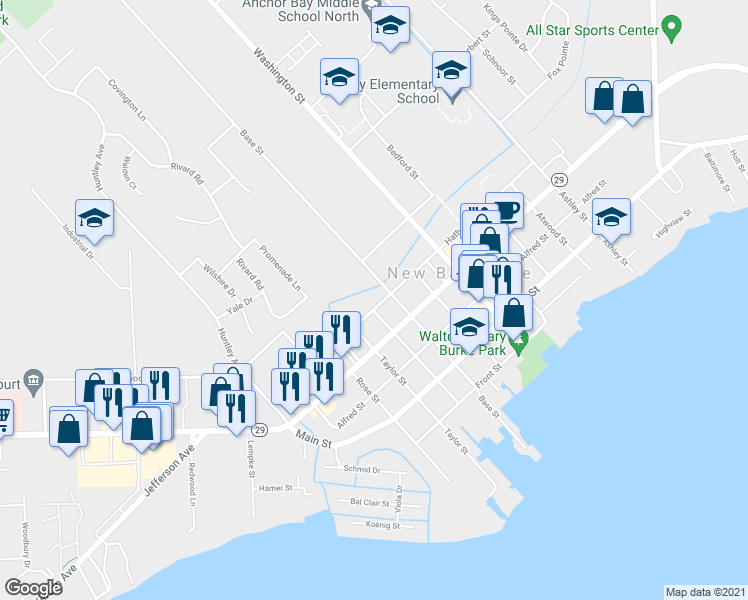 map of restaurants, bars, coffee shops, grocery stores, and more near 51344 Base Street in New Baltimore