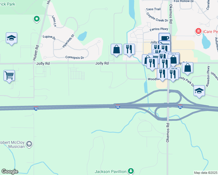 map of restaurants, bars, coffee shops, grocery stores, and more near 3413 Woods Edge Dr in Ingham