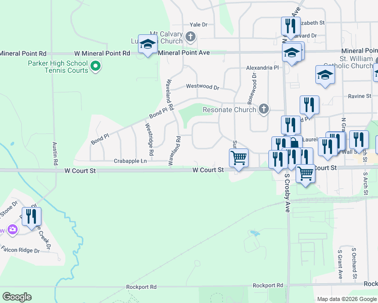 map of restaurants, bars, coffee shops, grocery stores, and more near 120 Arbor Hill Drive in Janesville