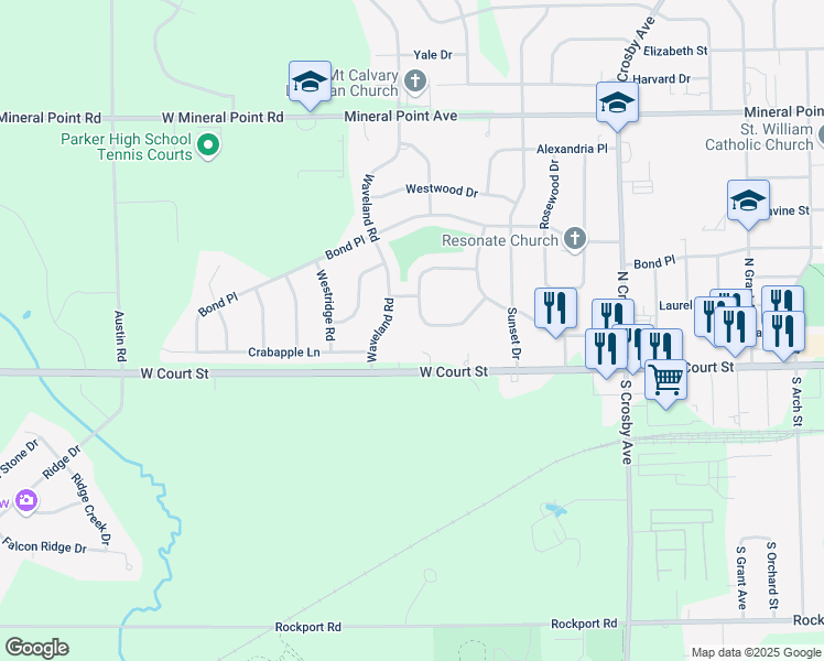 map of restaurants, bars, coffee shops, grocery stores, and more near 120 Arbor Hill Drive in Janesville