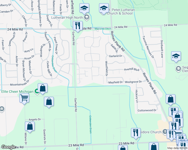 map of restaurants, bars, coffee shops, grocery stores, and more near 16791 Sandstone Circle in Macomb
