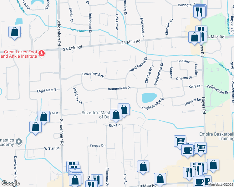 map of restaurants, bars, coffee shops, grocery stores, and more near 14133 Bournemuth Drive in Macomb County