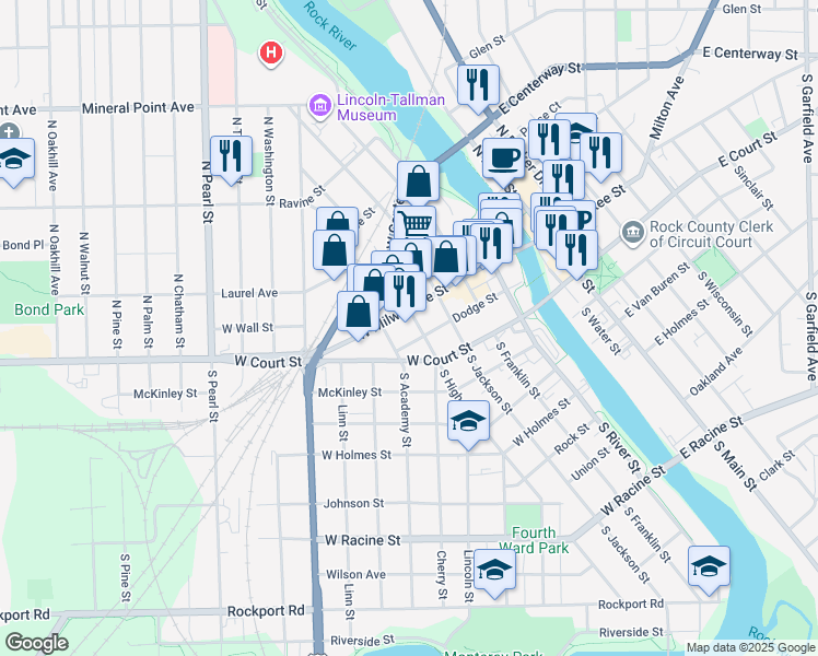 map of restaurants, bars, coffee shops, grocery stores, and more near 10 South High Street in Janesville