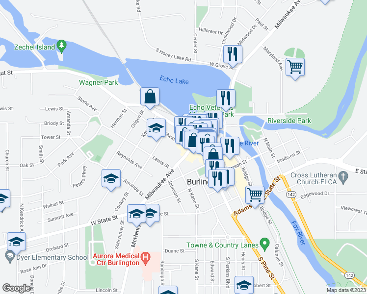 map of restaurants, bars, coffee shops, grocery stores, and more near 121 West Chestnut Street in Burlington