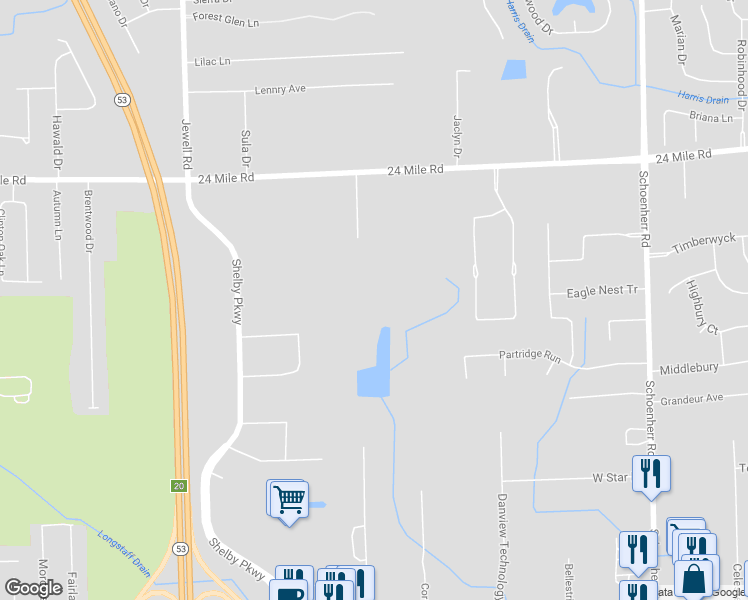 map of restaurants, bars, coffee shops, grocery stores, and more near 12412 24 Mile Road in Macomb County