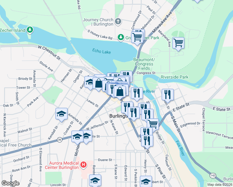 map of restaurants, bars, coffee shops, grocery stores, and more near 596 North Pine Street in Burlington