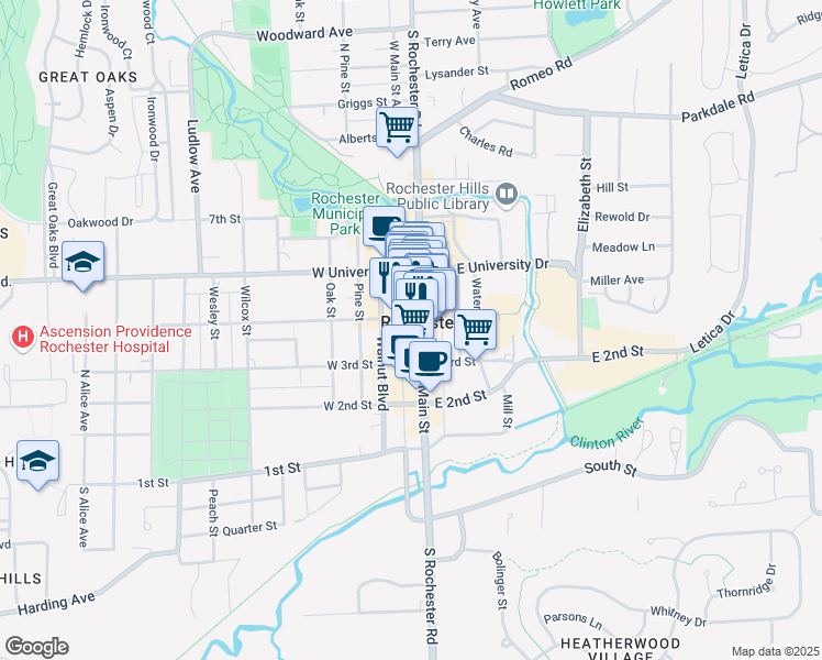 map of restaurants, bars, coffee shops, grocery stores, and more near in Rochester