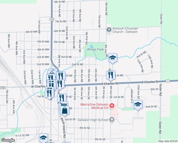 map of restaurants, bars, coffee shops, grocery stores, and more near 137 5th Avenue Northeast in Oelwein