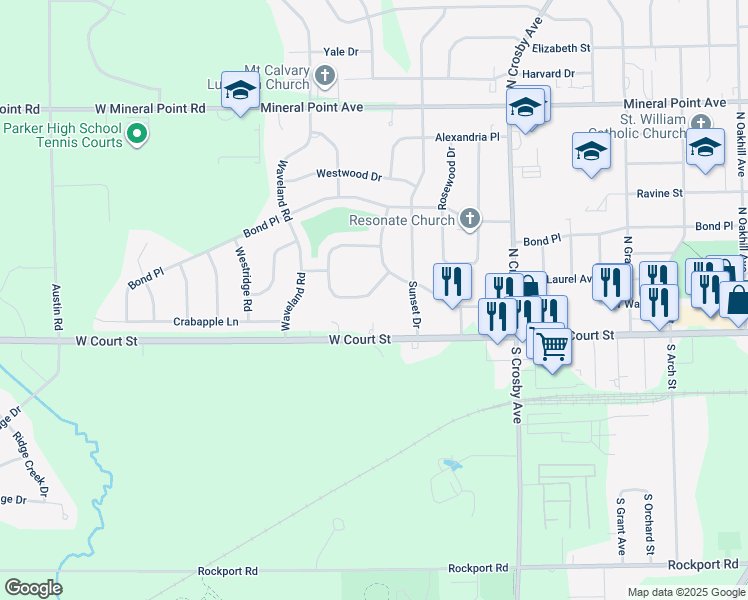 map of restaurants, bars, coffee shops, grocery stores, and more near 2810 Mackintosh Drive in Janesville
