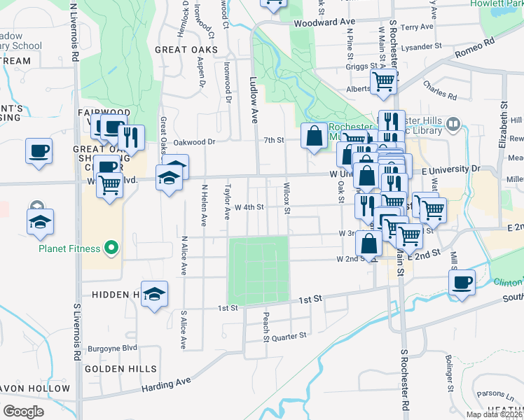 map of restaurants, bars, coffee shops, grocery stores, and more near 417 Wesley Street in Rochester
