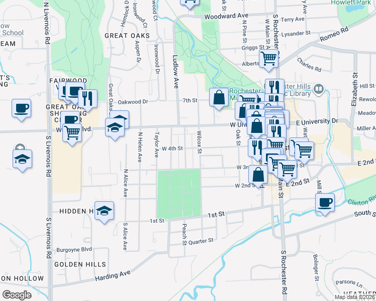 map of restaurants, bars, coffee shops, grocery stores, and more near 417 Wesley Street in Rochester