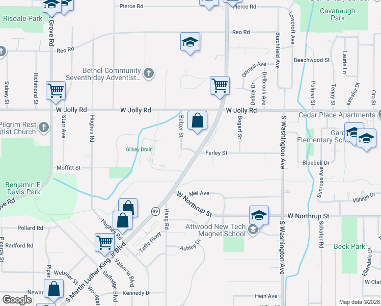 map of restaurants, bars, coffee shops, grocery stores, and more near 5212 South Martin Luther King Junior Boulevard in Lansing