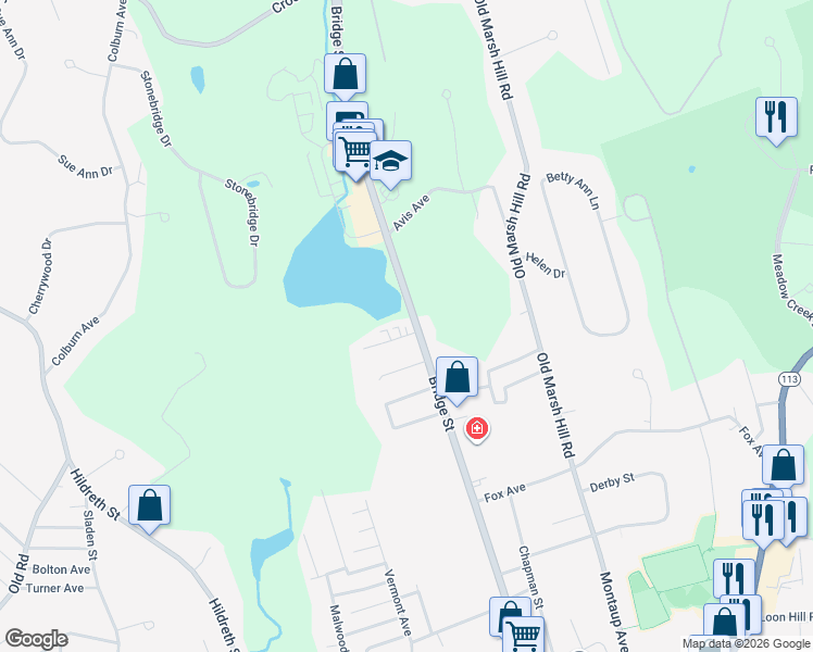 map of restaurants, bars, coffee shops, grocery stores, and more near 1706 Bridge Street in Dracut