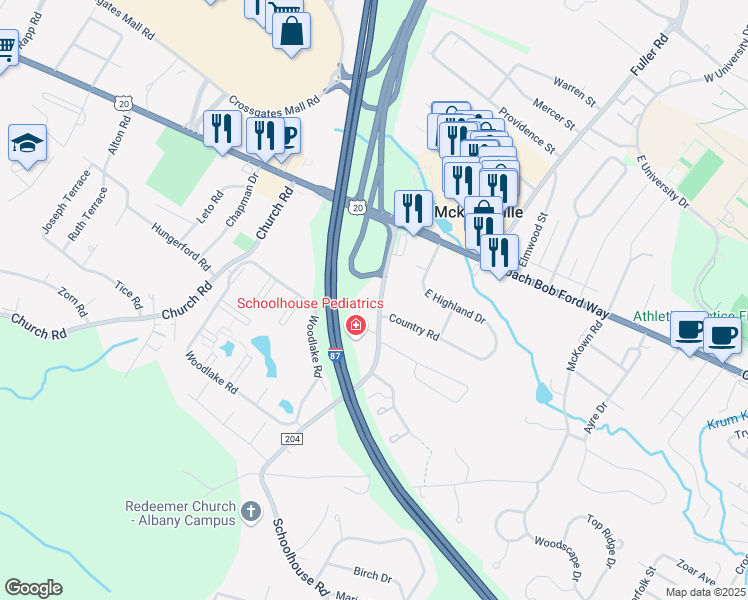 map of restaurants, bars, coffee shops, grocery stores, and more near 44 Schoolhouse Road in Albany