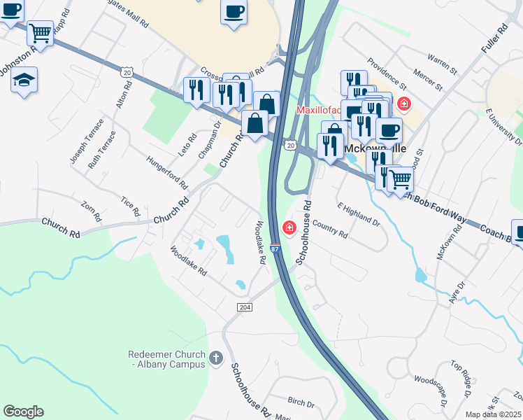 map of restaurants, bars, coffee shops, grocery stores, and more near Governor Thomas E. Dewey Thruway in Albany