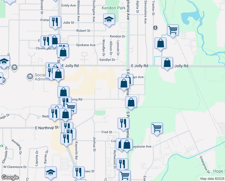map of restaurants, bars, coffee shops, grocery stores, and more near 5216 Glenwood Avenue in Lansing