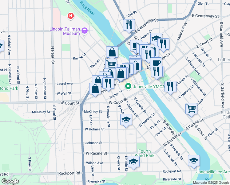 map of restaurants, bars, coffee shops, grocery stores, and more near 318 Dodge Street in Janesville