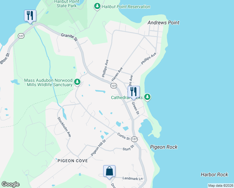 map of restaurants, bars, coffee shops, grocery stores, and more near 1 Lacrosse Avenue in Rockport