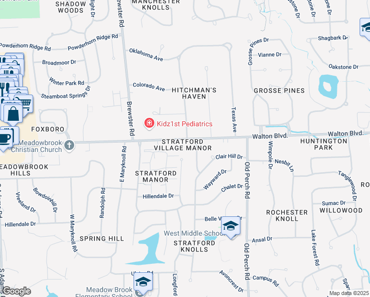 map of restaurants, bars, coffee shops, grocery stores, and more near 2245 Walton Boulevard in Rochester Hills