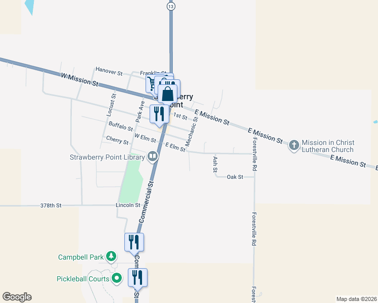 map of restaurants, bars, coffee shops, grocery stores, and more near 399 Prairie Ave in Strawberry Point