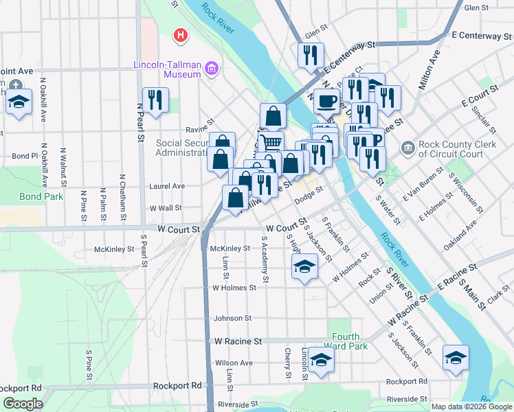 map of restaurants, bars, coffee shops, grocery stores, and more near 415 West Milwaukee Street in Janesville
