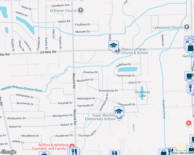 map of restaurants, bars, coffee shops, grocery stores, and more near 6234 Pinetree Drive in Macomb County