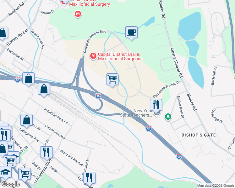 map of restaurants, bars, coffee shops, grocery stores, and more near 22 Corporate Woods Boulevard in Albany