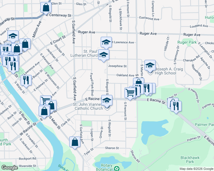 map of restaurants, bars, coffee shops, grocery stores, and more near 417 South Ringold Street in Janesville