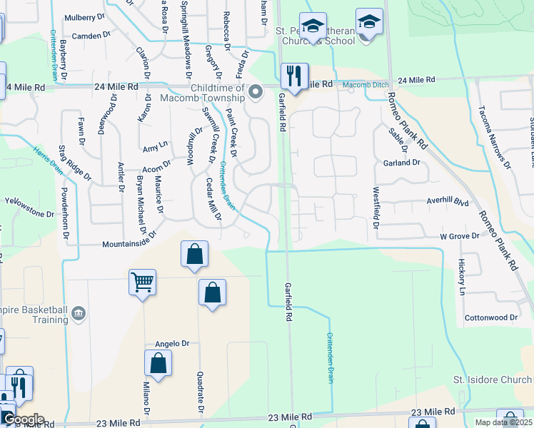 map of restaurants, bars, coffee shops, grocery stores, and more near 52230 Mitchell Lane in Macomb