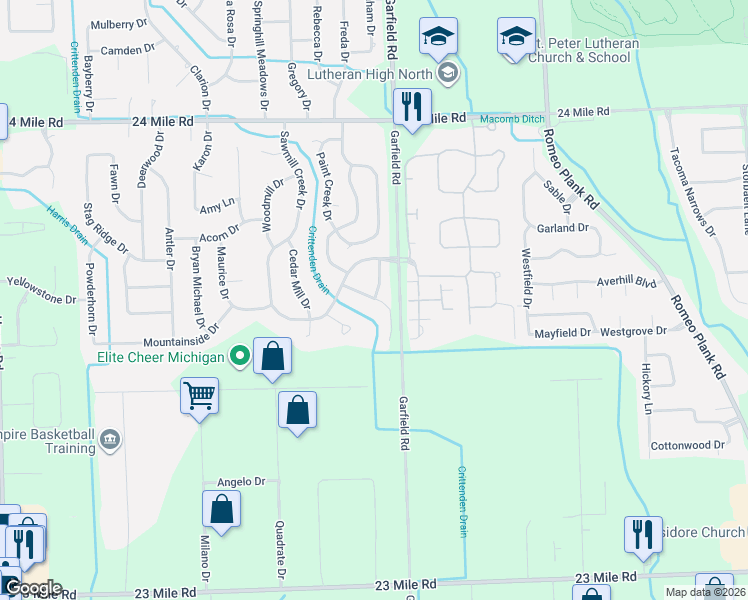 map of restaurants, bars, coffee shops, grocery stores, and more near 52230 Mitchell Lane in Macomb