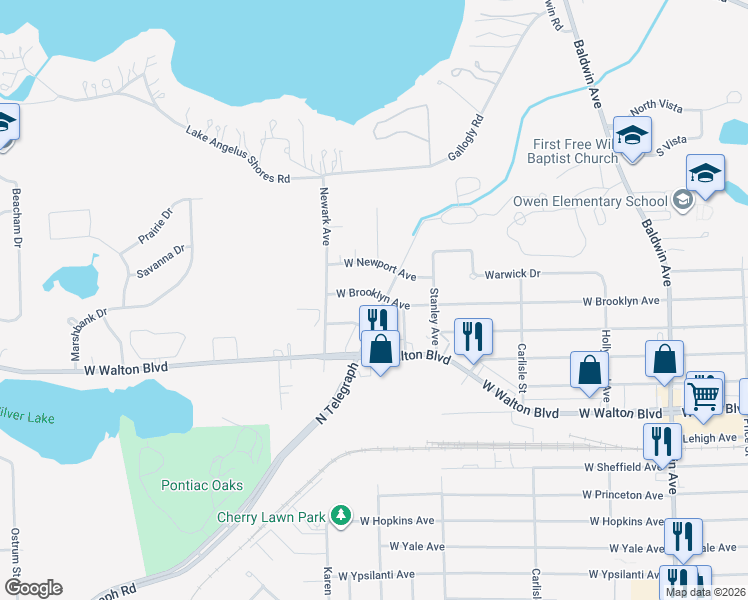 map of restaurants, bars, coffee shops, grocery stores, and more near 342 West Brooklyn Avenue in Pontiac