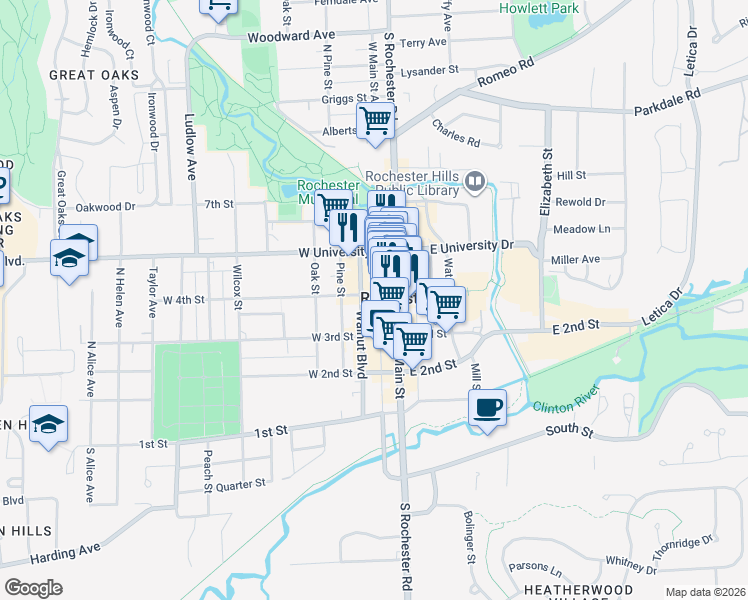 map of restaurants, bars, coffee shops, grocery stores, and more near in Rochester